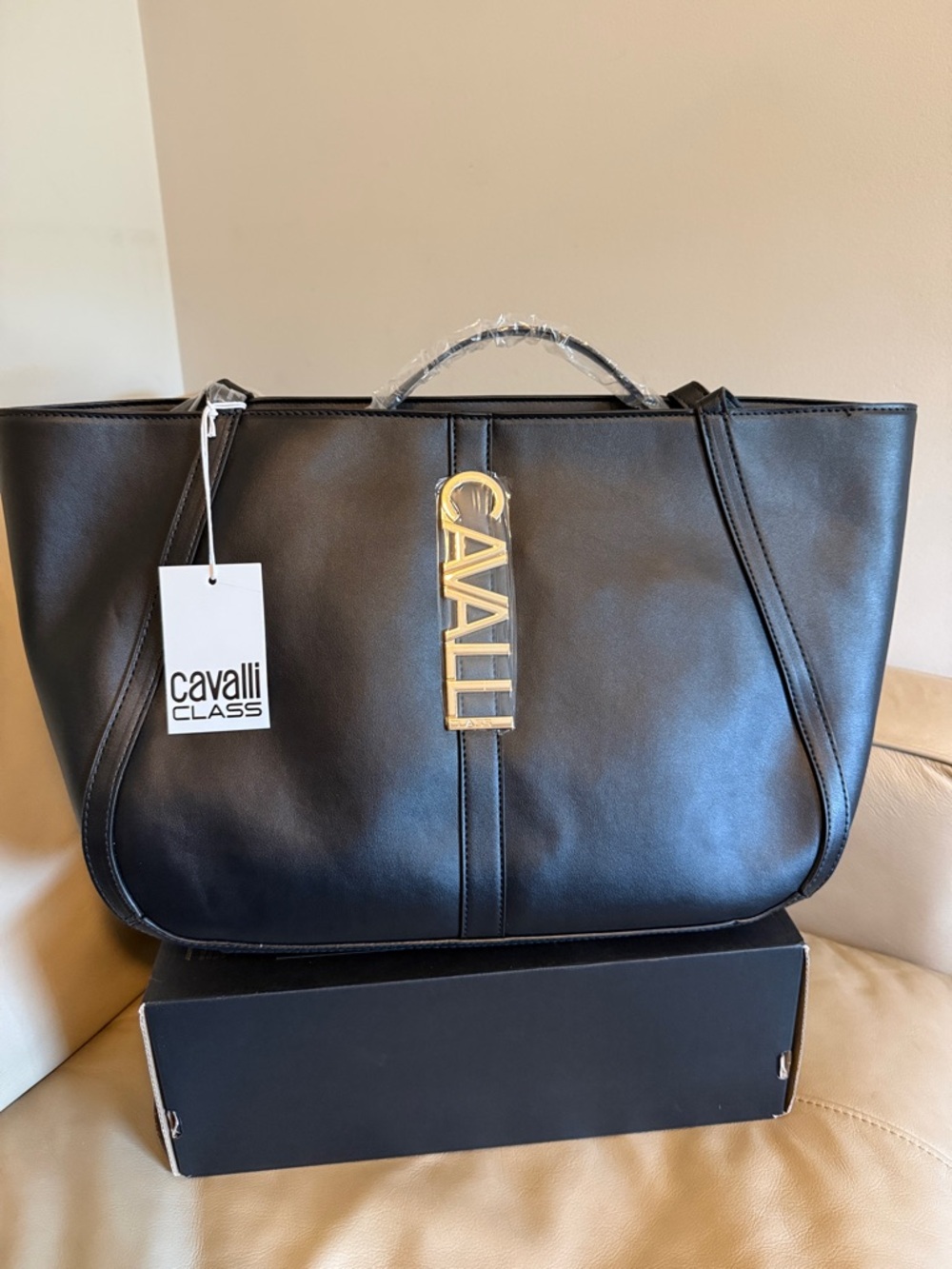 NWT Sandra Shopper Cavalli Class Black Tote with Gold Logo Pendant
